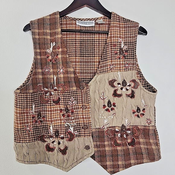 Dress Barn Wool Blend Embroidered Fall Vest Women’s Large Brown Plaid Floral - Picture 1 of 8